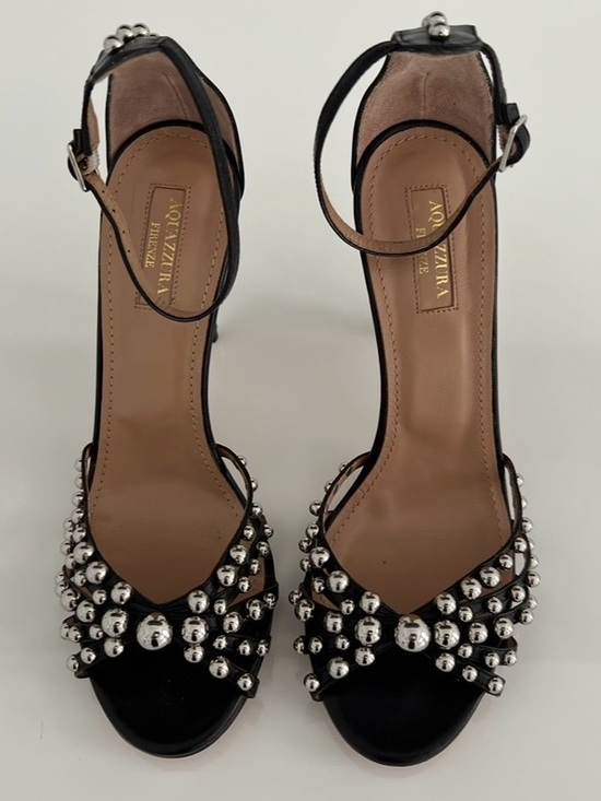 Aquazzura Shoes - AQUAZZURA BLACK LEATHER SILVER STUDDED SANDALS SIZE IT 38 / US 8